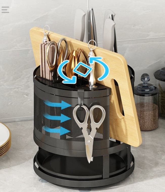 Black Steel Rotatable Benchtop Knife Storage Rack.